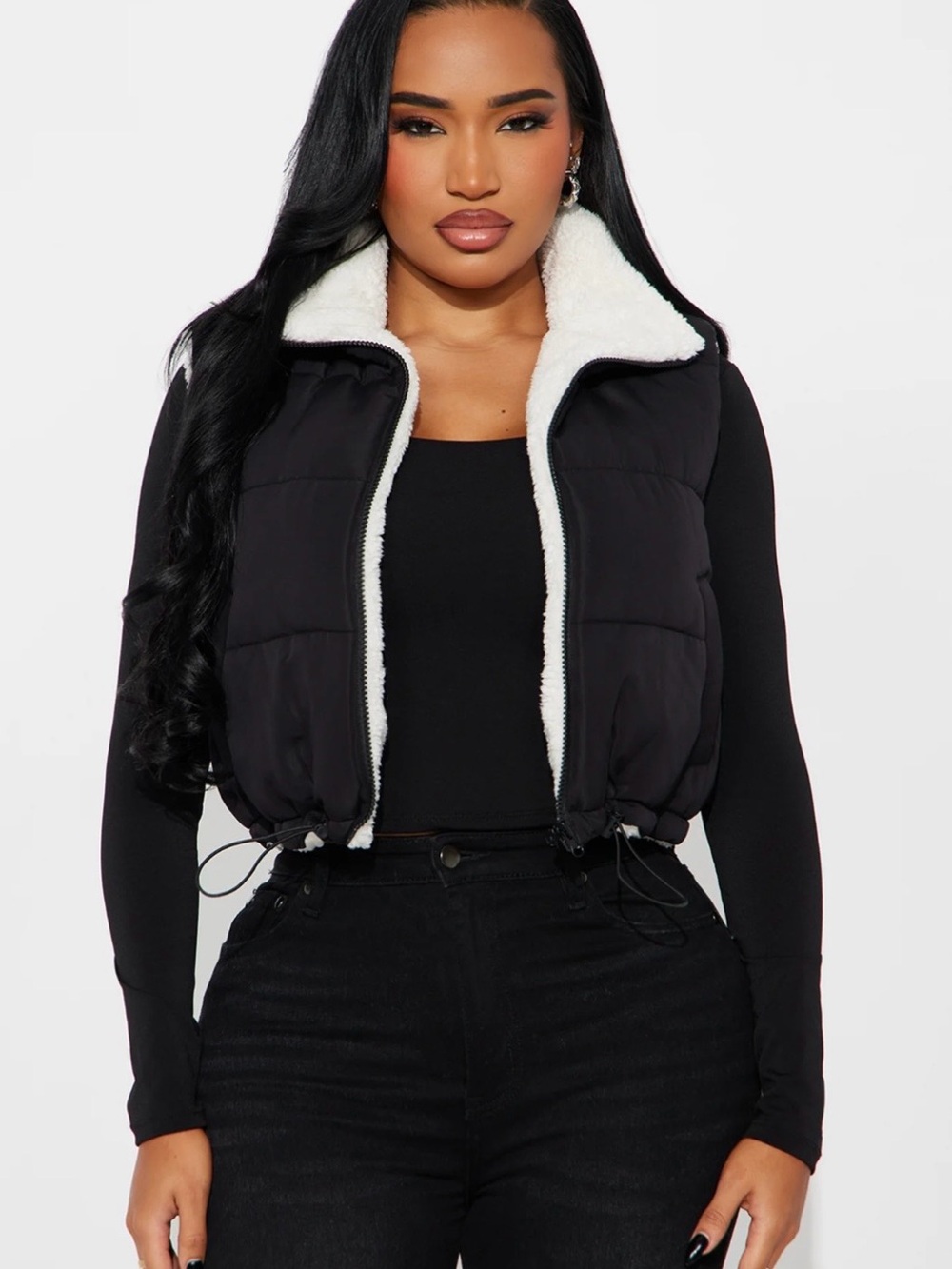 Fashion Nova Black Puffer Vest with White Sherpa Trim